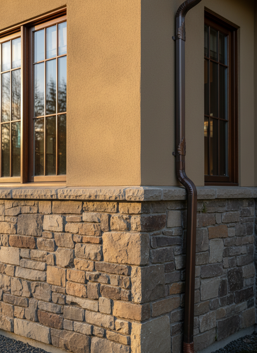 Close-up of beautifully finished stone and stucco exterior facade of an upscale Oregon home