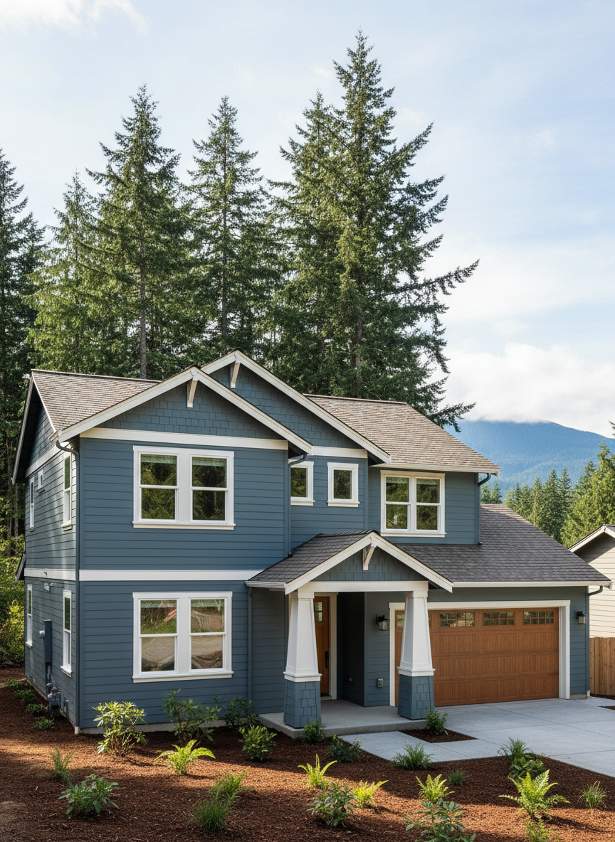 Restored home exterior after damage restoration, pristine new siding and windows