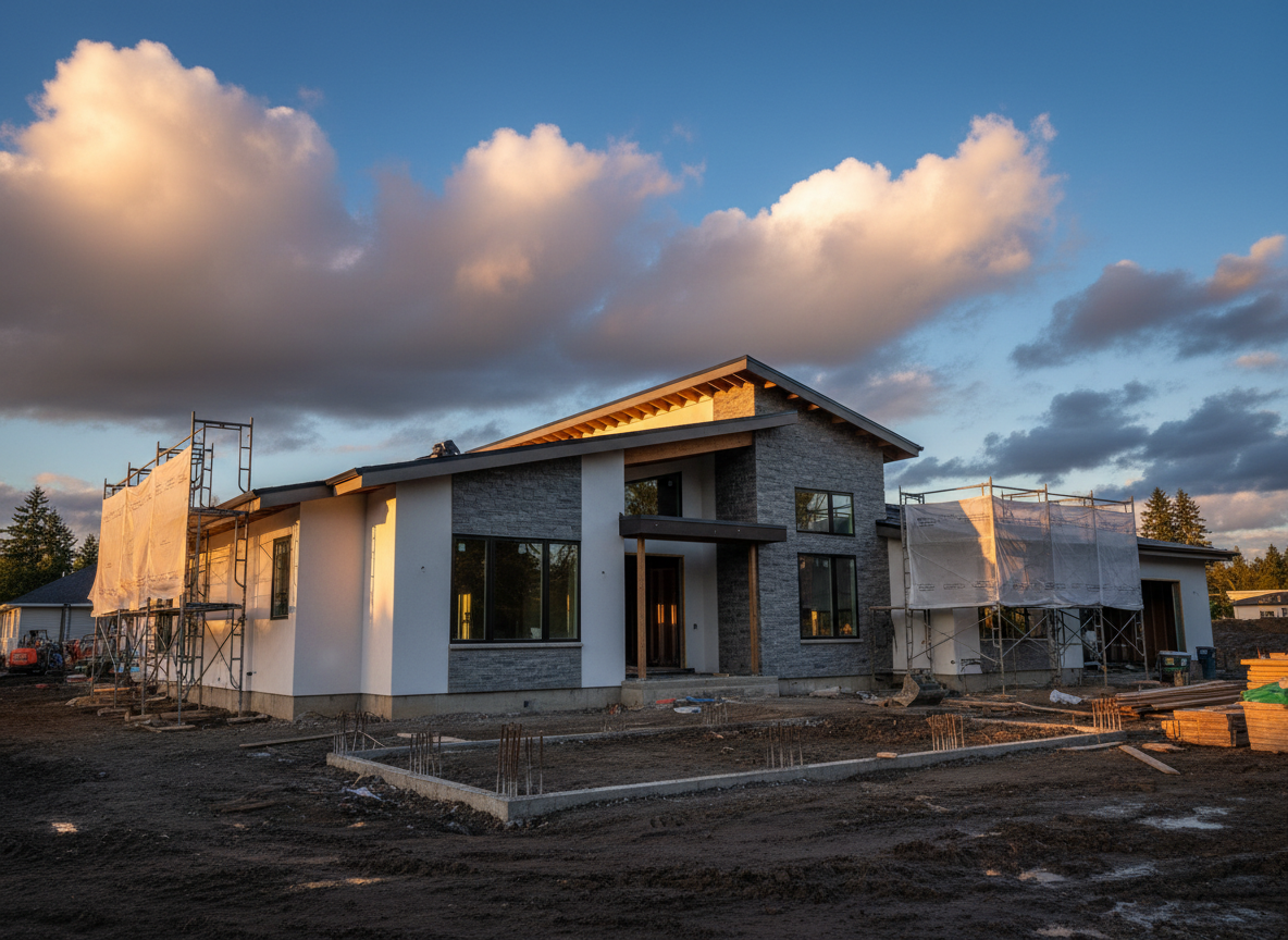 Dramatic wide-angle photograph of a modern home under construction at golden hour, showing crisp new stucco and stone exterior work