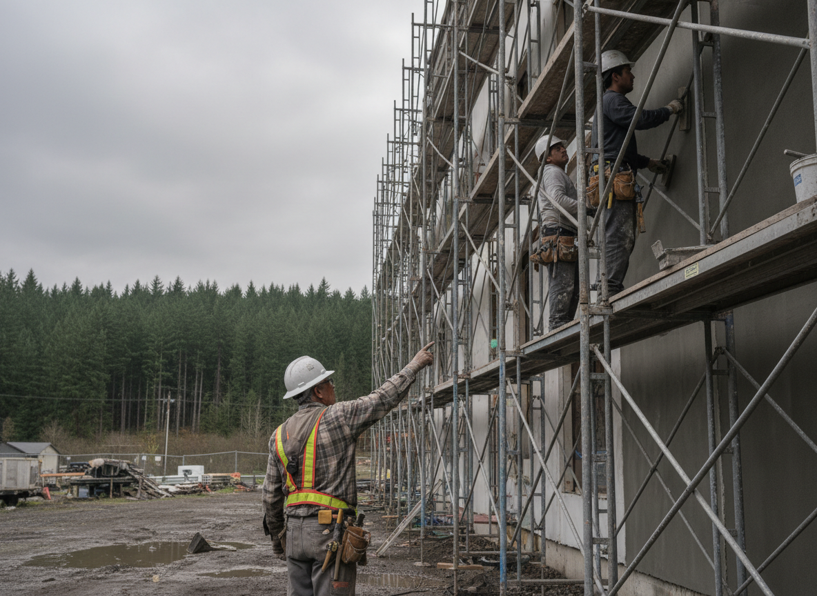 A wide-angle photo taken from far away showing a building exterior construction scene in Oregon. In the foreground, an elderly Hispanic grandfather (70s) in work clothes and a hard hat stands on the ground with his back slightly to the camera, pointing up and directing the workers above. On the scaffolding attached to the building wall, a Hispanic father (50s) and his son (late 20s) are actively applying stucco to the exterior wall, tools in hand, focused on the work. The shot is taken from a distance — you can see the full height of the scaffolding, the building, and all three figures in the frame. Pacific Northwest setting, overcast natural daylight, candid documentary style, authentic and gritty.
