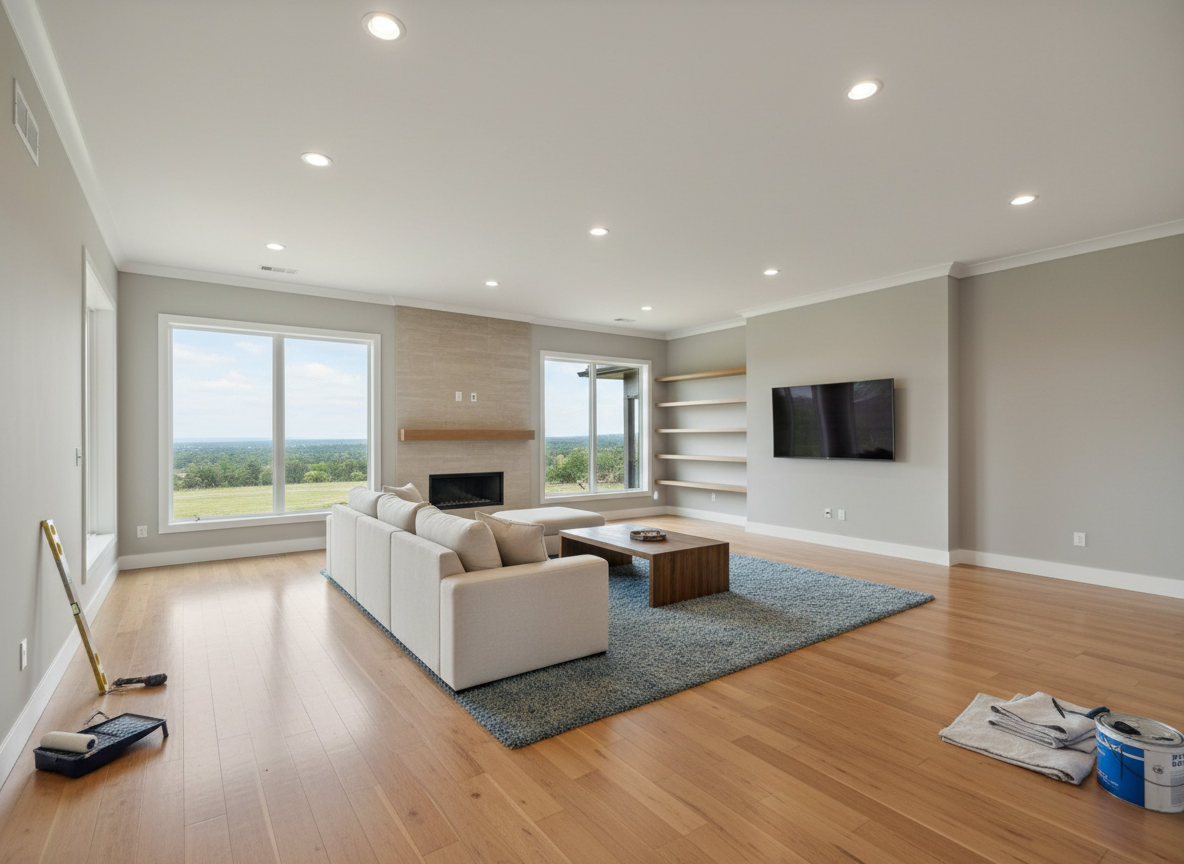 Open-concept living room with hardwood floors