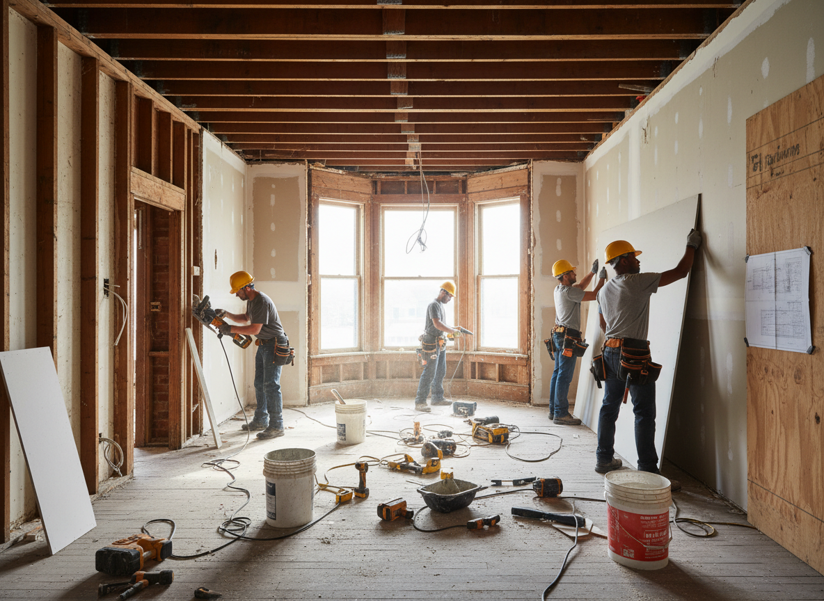 Home renovation in progress with framing