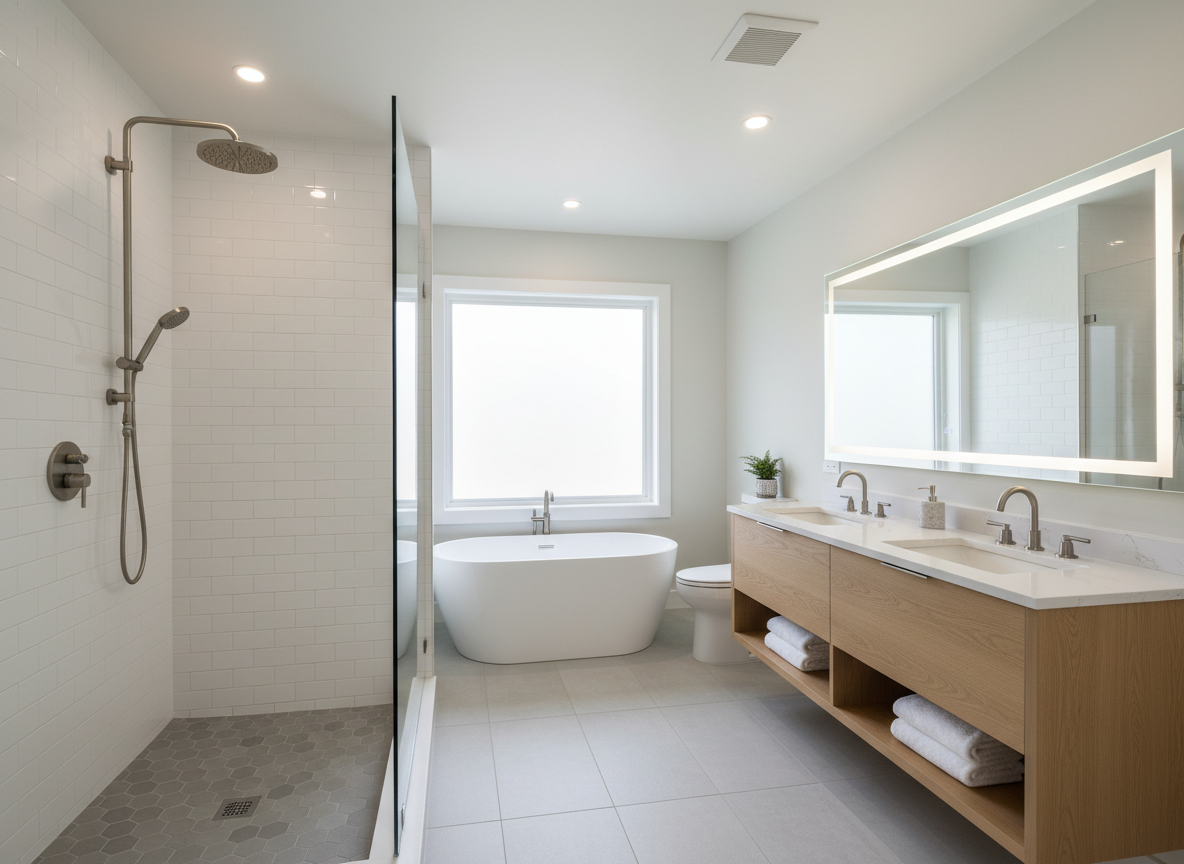 Renovated modern bathroom with tiled shower