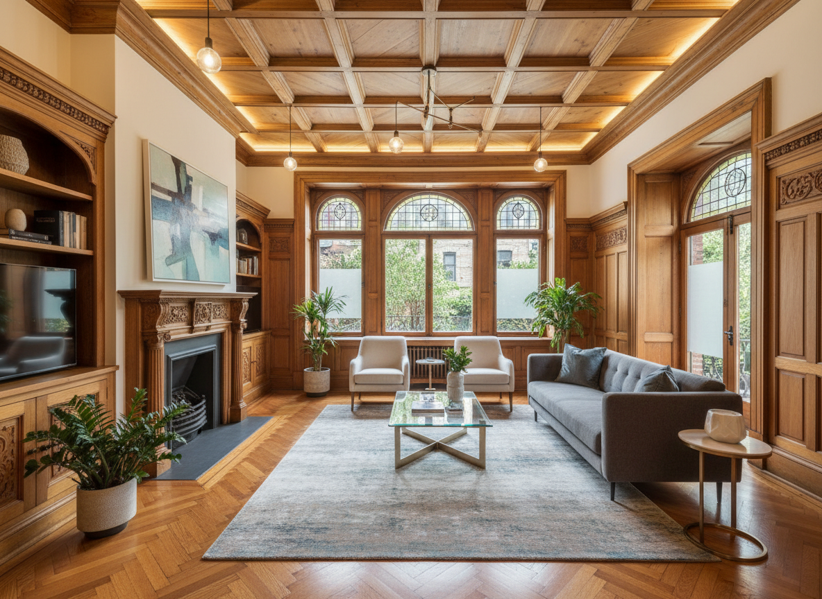 Restored interior with refinished wood details